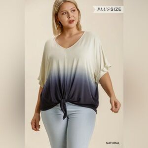 Umgee Dip Dye V-Neck Short Folded Sleeve Top with Front Tie-able Knot